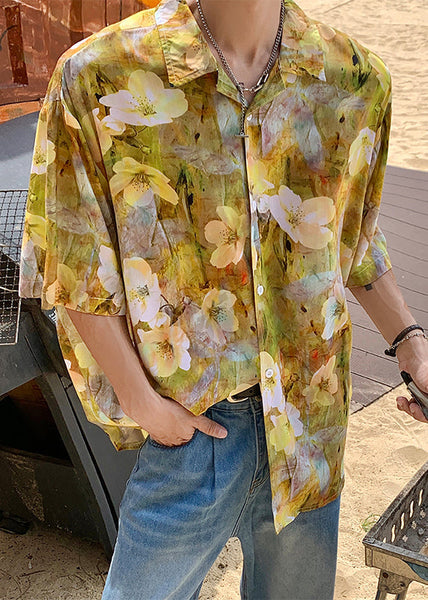 Stylish Blue Dotted Daisy Print Men Hawaiian Shirts Summer HG034 Men-Silk-MENSTP240725