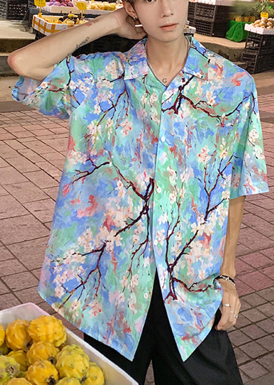 Stylish Blue Dotted Daisy Print Men Hawaiian Shirts Summer HG034 Men-Silk-MENSTP240725