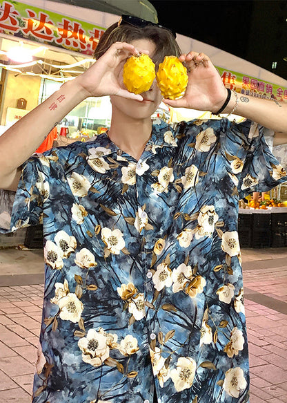 Stylish Blue Dotted Daisy Print Men Hawaiian Shirts Summer HG034 Men-Silk-MENSTP240725