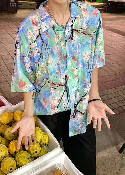 Stylish Blue Dotted Daisy Print Men Hawaiian Shirts Summer HG034 Men-Silk-MENSTP240725