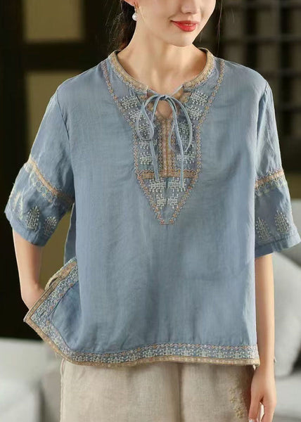 Half Side Top Open Embroidered Blue Sleeve Stylish Linen FashionChic
