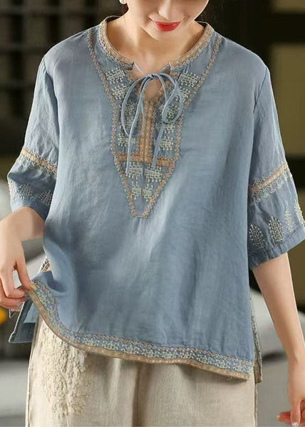 Half Side Top Open Embroidered Blue Sleeve Stylish Linen FashionChic