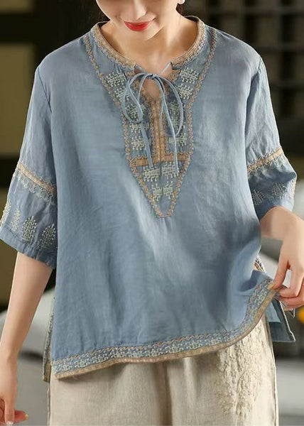 Half Side Top Open Embroidered Blue Sleeve Stylish Linen FashionChic