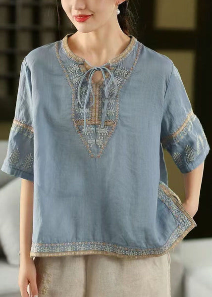 Half Side Top Open Embroidered Blue Sleeve Stylish Linen FashionChic