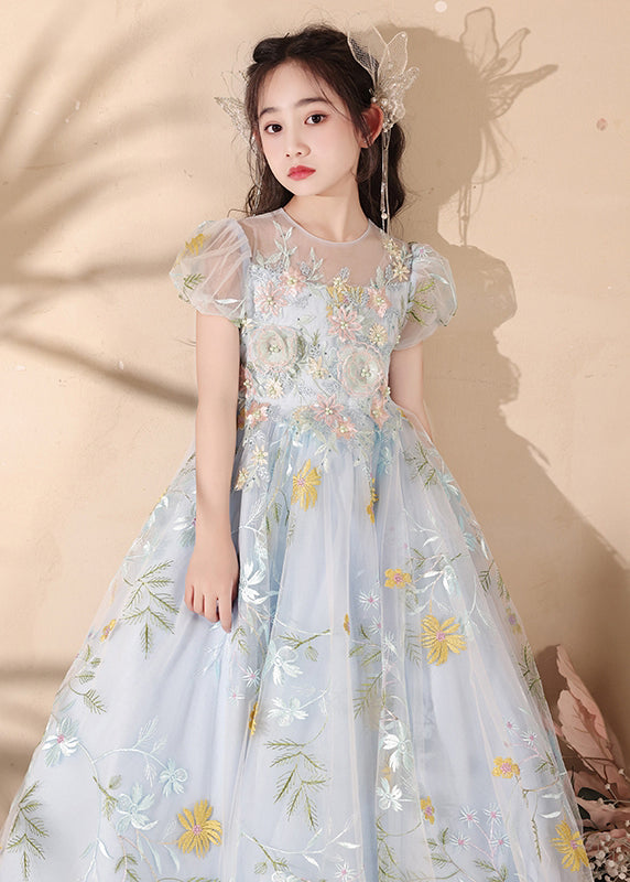 Stylish Blue Embroideried Patchwork Tulle Girls Maxi Dress Summer QV025 WS-JRTZSDGL241026