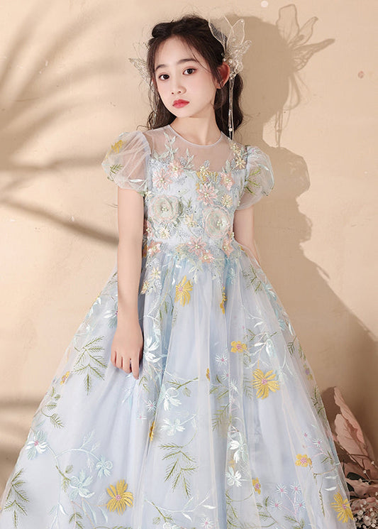 Stylish Blue Embroideried Patchwork Tulle Girls Maxi Dress Summer QV025 WS-JRTZSDGL241026