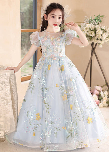 Stylish Blue Embroideried Patchwork Tulle Girls Maxi Dress Summer QV025 WS-JRTZSDGL241026