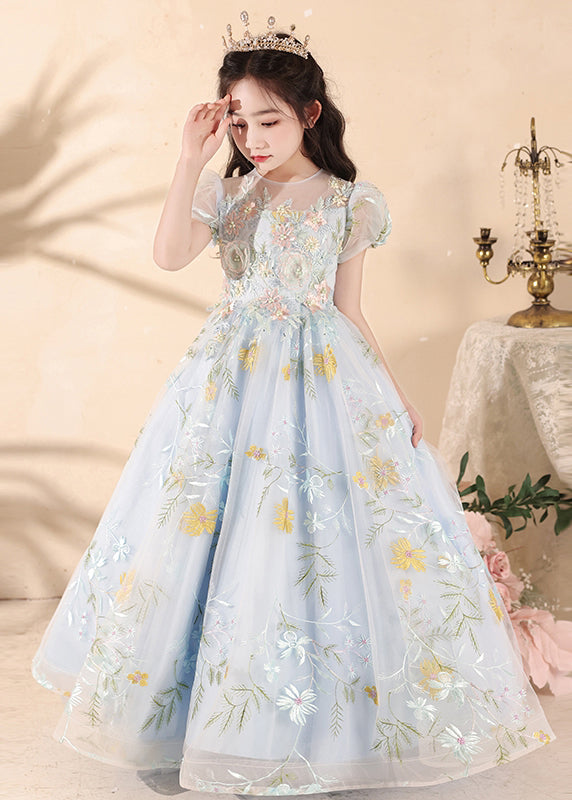 Stylish Blue Embroideried Patchwork Tulle Girls Maxi Dress Summer QV025 WS-JRTZSDGL241026