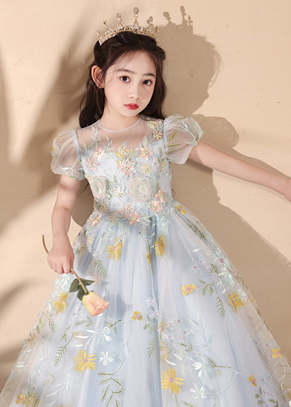 Stylish Blue Embroideried Patchwork Tulle Girls Maxi Dress Summer QV025 WS-JRTZSDGL241026