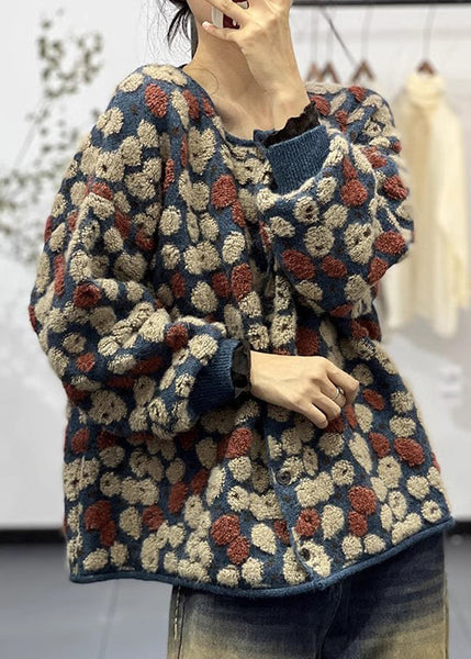 Stylish Blue O Neck Jacquard Plus Size Knit Sweaters Coats Fall OO002 OM-CS240816