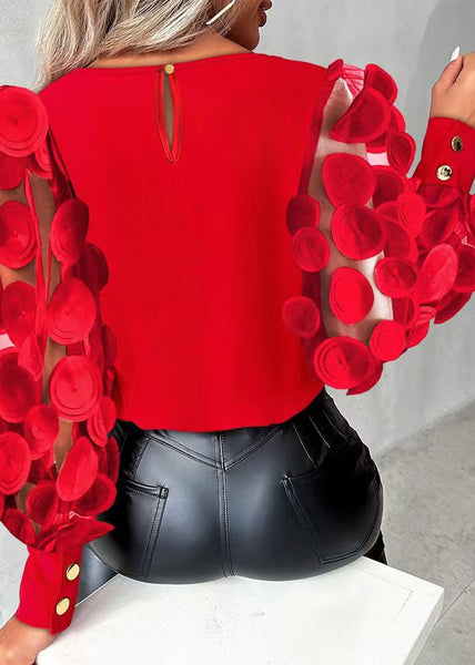 Haut élégant en mousseline patchwork bleu à col rond et manches pétales TL040