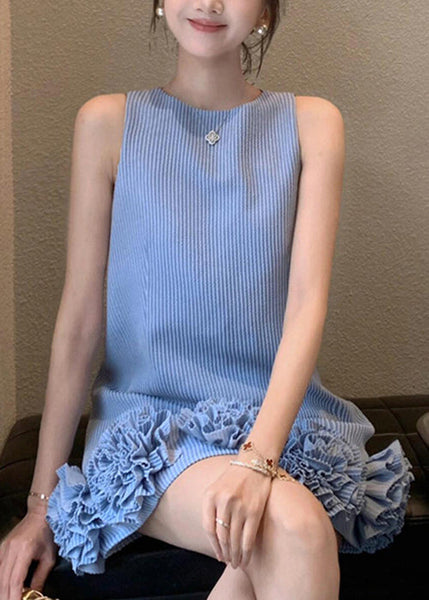 Mini Cotton Stylish Dresses Striped Floral Neck Blue Sleeveless O FashionChic