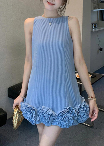 Mini Cotton Stylish Dresses Striped Floral Neck Blue Sleeveless O FashionChic