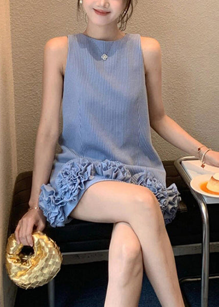 Mini Cotton Stylish Dresses Striped Floral Neck Blue Sleeveless O FashionChic