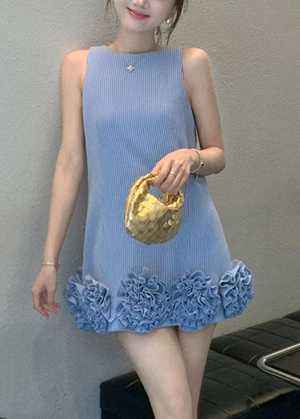 Mini Cotton Stylish Dresses Striped Floral Neck Blue Sleeveless O FashionChic