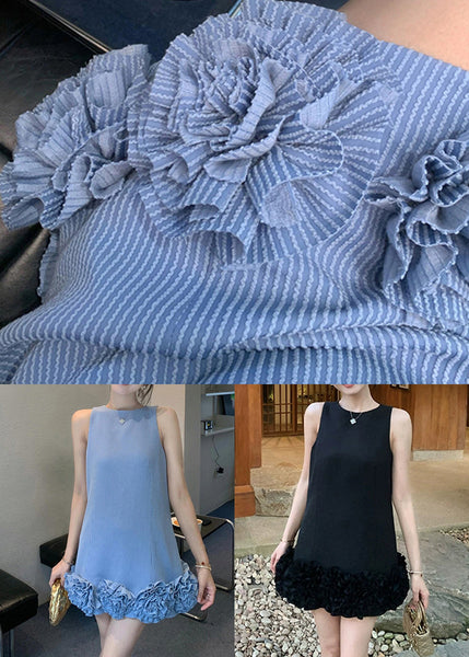 Mini Cotton Stylish Dresses Striped Floral Neck Blue Sleeveless O FashionChic