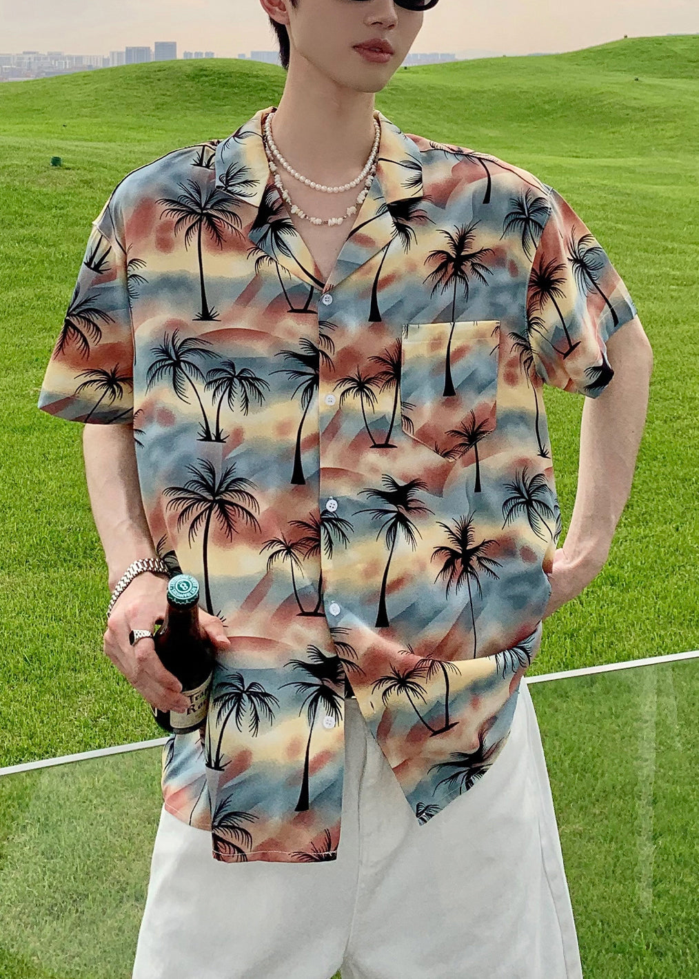 Men Stylish Pan Shirts Cotton Blue Button Collar Peter Print FashionChic