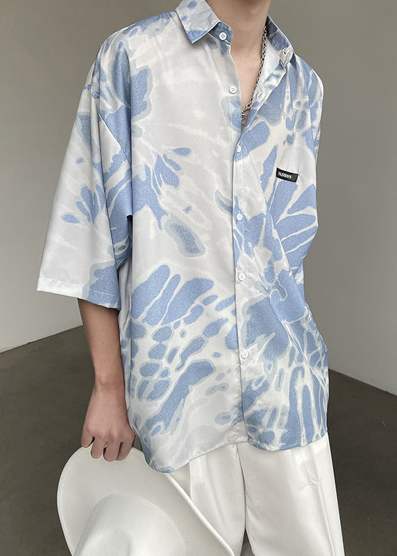 Stylish Blue Peter Pan Collar Button Tie Dye Mens Shirts Summer HG012 Men-Silk-MENSTP240725