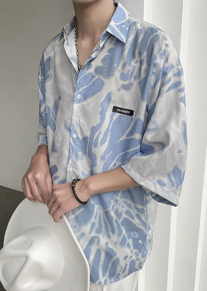 Stylish Blue Peter Pan Collar Button Tie Dye Mens Shirts Summer HG012 Men-Silk-MENSTP240725