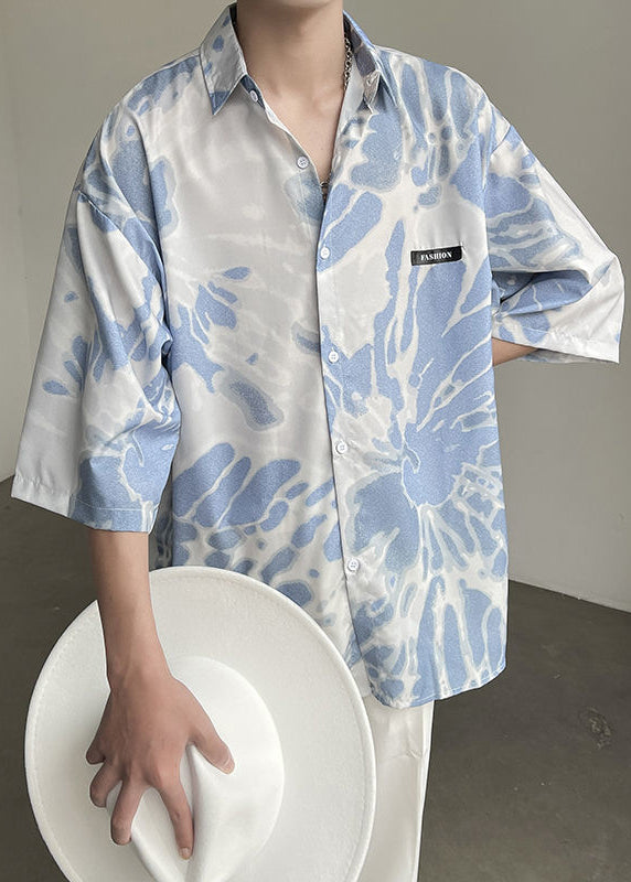 Stylish Blue Peter Pan Collar Button Tie Dye Mens Shirts Summer HG012 Men-Silk-MENSTP240725