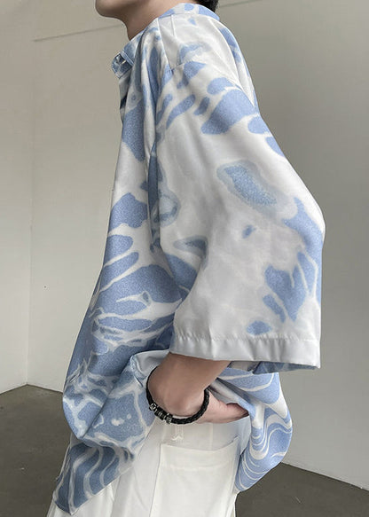 Stylish Blue Peter Pan Collar Button Tie Dye Mens Shirts Summer HG012 Men-Silk-MENSTP240725