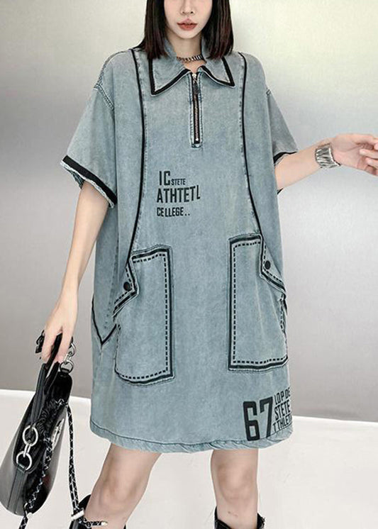 Stylish Blue Peter Pan Collar Graphic Denim Mid Dresses Summer QK018 BB-SDM241022