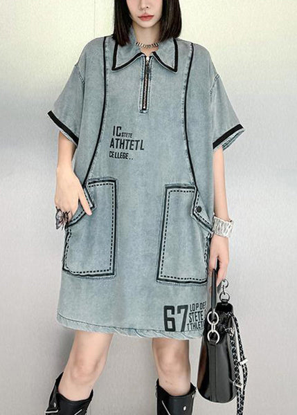 Stylish Blue Peter Pan Collar Graphic Denim Mid Dresses Summer QK018 BB-SDM241022