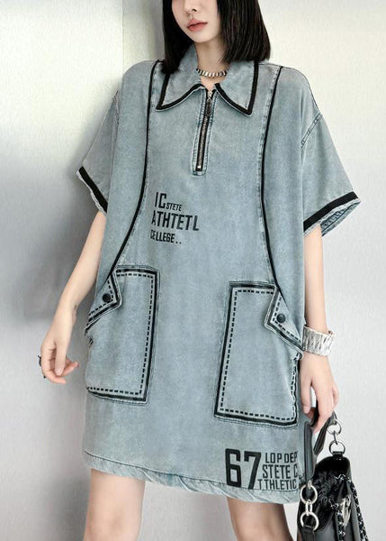 Stylish Blue Peter Pan Collar Graphic Denim Mid Dresses Summer QK018 BB-SDM241022