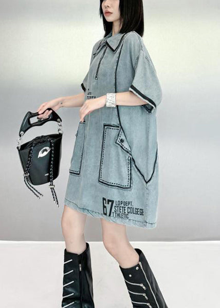 Stylish Blue Peter Pan Collar Graphic Denim Mid Dresses Summer QK018 BB-SDM241022