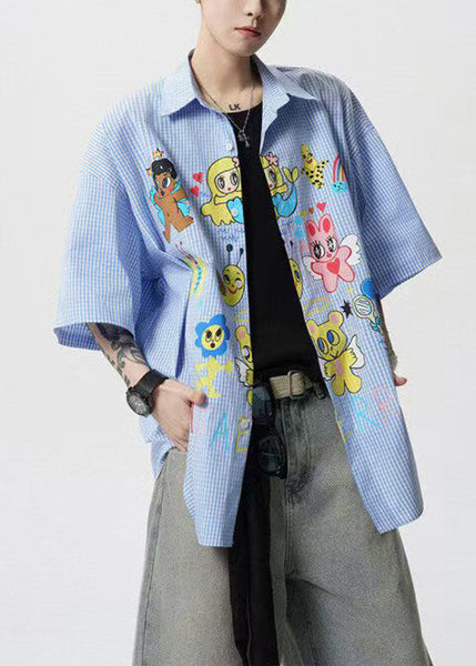 Pan Peter Summer Print Stylish Blue Shirts Mens Cotton Collar FashionChic