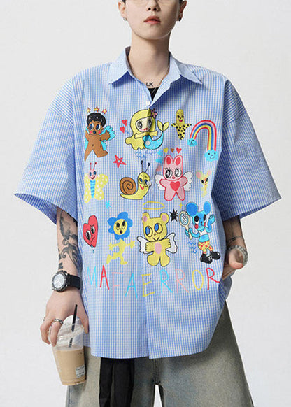 Pan Peter Summer Print Stylish Blue Shirts Mens Cotton Collar FashionChic
