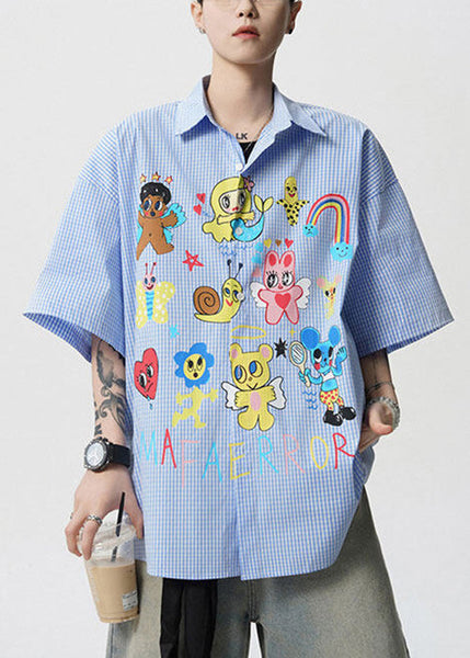 Pan Peter Summer Print Stylish Blue Shirts Mens Cotton Collar FashionChic