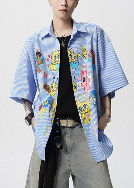 Pan Peter Summer Print Stylish Blue Shirts Mens Cotton Collar FashionChic