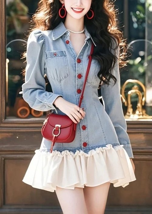 Pan Collar Blue Mini Peter Ruffled Patchwork Stylish Denim FashionChic