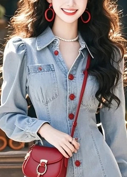 Pan Collar Blue Mini Peter Ruffled Patchwork Stylish Denim FashionChic