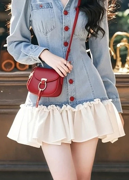 Pan Collar Blue Mini Peter Ruffled Patchwork Stylish Denim FashionChic