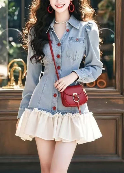 Pan Collar Blue Mini Peter Ruffled Patchwork Stylish Denim FashionChic