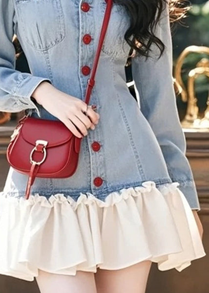 Pan Collar Blue Mini Peter Ruffled Patchwork Stylish Denim FashionChic