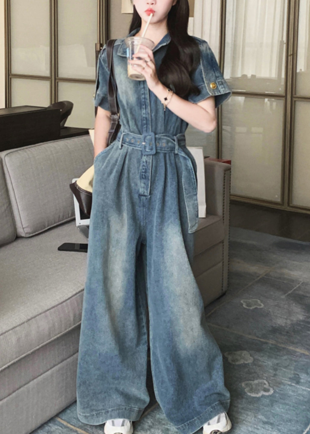 Stylish Blue Peter Pan Collar Tie Waist Denim Jumpsuits Summer RU029 ABC