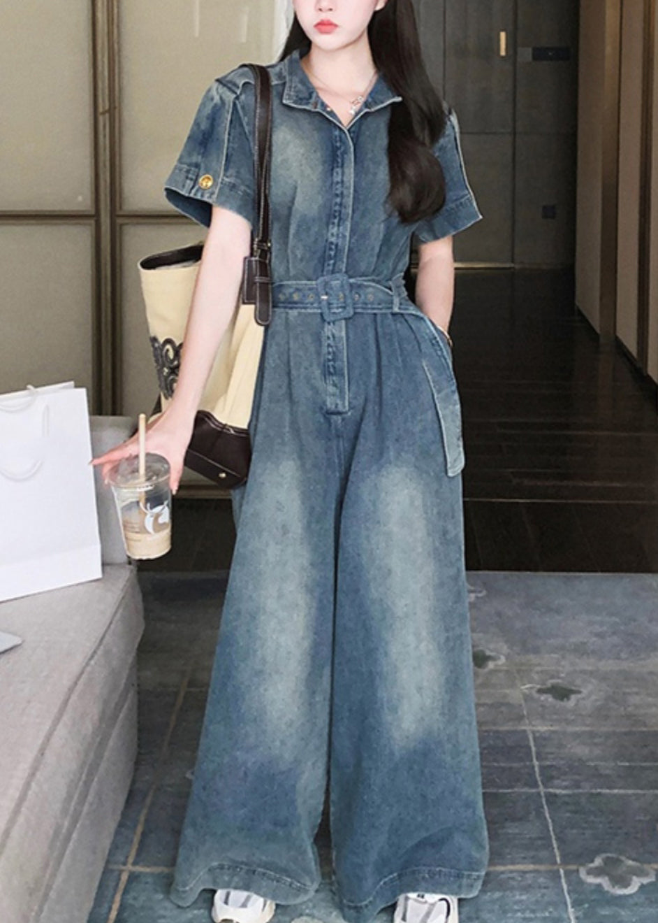 Stylish Blue Peter Pan Collar Tie Waist Denim Jumpsuits Summer RU029 ABC