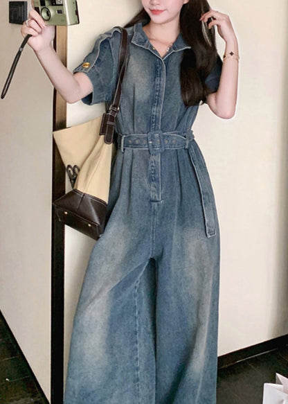 Stylish Blue Peter Pan Collar Tie Waist Denim Jumpsuits Summer RU029 ABC