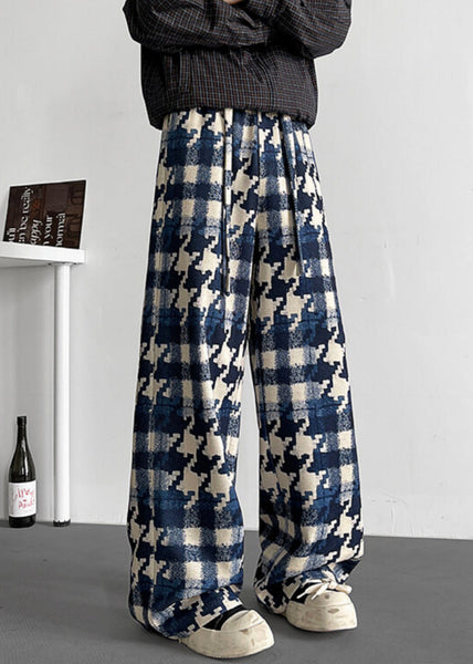 Elastic Waist Mens Cotton Plaid Stylish Fall Pants Blue FashionChic