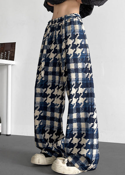 Elastic Waist Mens Cotton Plaid Stylish Fall Pants Blue FashionChic