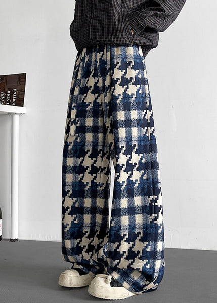 Elastic Waist Mens Cotton Plaid Stylish Fall Pants Blue FashionChic