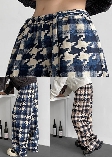 Elastic Waist Mens Cotton Plaid Stylish Fall Pants Blue FashionChic