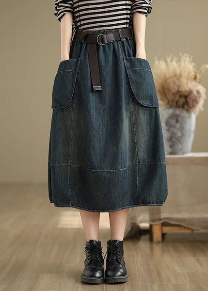 Blue Denim Elastic Skirts Stylish Waist Maxi Patchwork Pockets FashionChic
