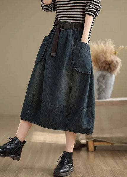 Blue Denim Elastic Skirts Stylish Waist Maxi Patchwork Pockets FashionChic
