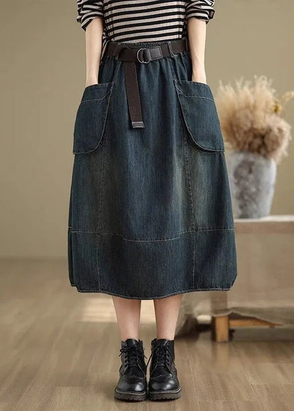 Blue Denim Elastic Skirts Stylish Waist Maxi Patchwork Pockets FashionChic