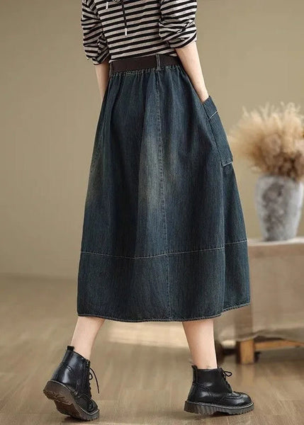 Blue Denim Elastic Skirts Stylish Waist Maxi Patchwork Pockets FashionChic
