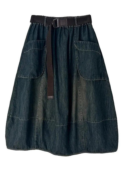 Blue Denim Elastic Skirts Stylish Waist Maxi Patchwork Pockets FashionChic